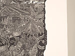 A Monkey Mountain Kronikle, Tom Hück (American, born 1971), Woodcut, printed recto and verso on four sheets of Torinoko Japanese Paper using Tom Hück's Outlaw Black Relief Ink by Gamblin and an overleaf printed on black paper with white ink; the three leaves of the triptych connected with stickers