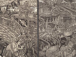 A Monkey Mountain Kronikle, Tom Hück (American, born 1971), Woodcut, printed recto and verso on four sheets of Torinoko Japanese Paper using Tom Hück's Outlaw Black Relief Ink by Gamblin and an overleaf printed on black paper with white ink; the three leaves of the triptych connected with stickers