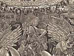 A Monkey Mountain Kronikle, Tom Hück (American, born 1971), Woodcut, printed recto and verso on four sheets of Torinoko Japanese Paper using Tom Hück's Outlaw Black Relief Ink by Gamblin and an overleaf printed on black paper with white ink; the three leaves of the triptych connected with stickers