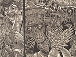 A Monkey Mountain Kronikle, Tom Hück (American, born 1971), Woodcut, printed recto and verso on four sheets of Torinoko Japanese Paper using Tom Hück's Outlaw Black Relief Ink by Gamblin and an overleaf printed on black paper with white ink; the three leaves of the triptych connected with stickers