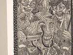 A Monkey Mountain Kronikle, Tom Hück (American, born 1971), Woodcut, printed recto and verso on four sheets of Torinoko Japanese Paper using Tom Hück's Outlaw Black Relief Ink by Gamblin and an overleaf printed on black paper with white ink; the three leaves of the triptych connected with stickers