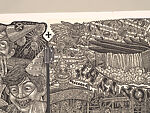 A Monkey Mountain Kronikle, Tom Hück (American, born 1971), Woodcut, printed recto and verso on four sheets of Torinoko Japanese Paper using Tom Hück's Outlaw Black Relief Ink by Gamblin and an overleaf printed on black paper with white ink; the three leaves of the triptych connected with stickers