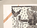 A Monkey Mountain Kronikle, Tom Hück (American, born 1971), Woodcut, printed recto and verso on four sheets of Torinoko Japanese Paper using Tom Hück's Outlaw Black Relief Ink by Gamblin and an overleaf printed on black paper with white ink; the three leaves of the triptych connected with stickers