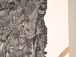 A Monkey Mountain Kronikle, Tom Hück (American, born 1971), Woodcut, printed recto and verso on four sheets of Torinoko Japanese Paper using Tom Hück's Outlaw Black Relief Ink by Gamblin and an overleaf printed on black paper with white ink; the three leaves of the triptych connected with stickers
