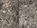 A Monkey Mountain Kronikle, Tom Hück (American, born 1971), Woodcut, printed recto and verso on four sheets of Torinoko Japanese Paper using Tom Hück's Outlaw Black Relief Ink by Gamblin and an overleaf printed on black paper with white ink; the three leaves of the triptych connected with stickers