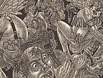 A Monkey Mountain Kronikle, Tom Hück (American, born 1971), Woodcut, printed recto and verso on four sheets of Torinoko Japanese Paper using Tom Hück's Outlaw Black Relief Ink by Gamblin and an overleaf printed on black paper with white ink; the three leaves of the triptych connected with stickers