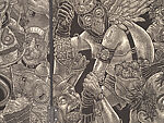 A Monkey Mountain Kronikle, Tom Hück (American, born 1971), Woodcut, printed recto and verso on four sheets of Torinoko Japanese Paper using Tom Hück's Outlaw Black Relief Ink by Gamblin and an overleaf printed on black paper with white ink; the three leaves of the triptych connected with stickers