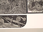 A Monkey Mountain Kronikle, Tom Hück (American, born 1971), Woodcut, printed recto and verso on four sheets of Torinoko Japanese Paper using Tom Hück's Outlaw Black Relief Ink by Gamblin and an overleaf printed on black paper with white ink; the three leaves of the triptych connected with stickers