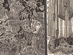 A Monkey Mountain Kronikle, Tom Hück (American, born 1971), Woodcut, printed recto and verso on four sheets of Torinoko Japanese Paper using Tom Hück's Outlaw Black Relief Ink by Gamblin and an overleaf printed on black paper with white ink; the three leaves of the triptych connected with stickers