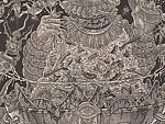 A Monkey Mountain Kronikle, Tom Hück (American, born 1971), Woodcut, printed recto and verso on four sheets of Torinoko Japanese Paper using Tom Hück's Outlaw Black Relief Ink by Gamblin and an overleaf printed on black paper with white ink; the three leaves of the triptych connected with stickers