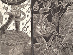 A Monkey Mountain Kronikle, Tom Hück (American, born 1971), Woodcut, printed recto and verso on four sheets of Torinoko Japanese Paper using Tom Hück's Outlaw Black Relief Ink by Gamblin and an overleaf printed on black paper with white ink; the three leaves of the triptych connected with stickers