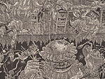 A Monkey Mountain Kronikle, Tom Hück (American, born 1971), Woodcut, printed recto and verso on four sheets of Torinoko Japanese Paper using Tom Hück's Outlaw Black Relief Ink by Gamblin and an overleaf printed on black paper with white ink; the three leaves of the triptych connected with stickers
