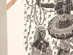 A Monkey Mountain Kronikle, Tom Hück (American, born 1971), Woodcut, printed recto and verso on four sheets of Torinoko Japanese Paper using Tom Hück's Outlaw Black Relief Ink by Gamblin and an overleaf printed on black paper with white ink; the three leaves of the triptych connected with stickers