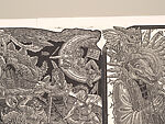 A Monkey Mountain Kronikle, Tom Hück (American, born 1971), Woodcut, printed recto and verso on four sheets of Torinoko Japanese Paper using Tom Hück's Outlaw Black Relief Ink by Gamblin and an overleaf printed on black paper with white ink; the three leaves of the triptych connected with stickers