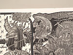 A Monkey Mountain Kronikle, Tom Hück (American, born 1971), Woodcut, printed recto and verso on four sheets of Torinoko Japanese Paper using Tom Hück's Outlaw Black Relief Ink by Gamblin and an overleaf printed on black paper with white ink; the three leaves of the triptych connected with stickers