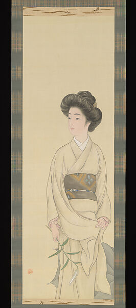 Young Woman with a Lily, Odake Etsudō 尾竹越堂 (Japanese, 1868–1931), Hanging scroll; ink and color on silk, Japan 