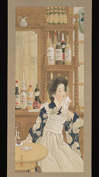 Café Waitress (Jokyū), Shimazaki Ryūu (Japanese, 1865–1937), Hanging scroll; ink and color on silk, Japan 