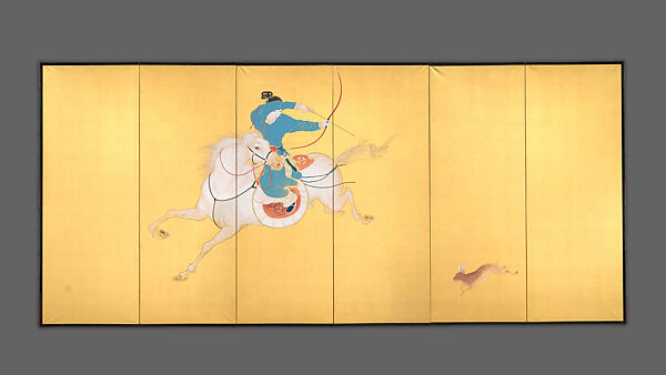 Mongolian Women Horse Riders, Hikida (Hikita) Hōshō (Japanese, 1878–1934), Pair of six-panel screens; ink and color on paper, Japan