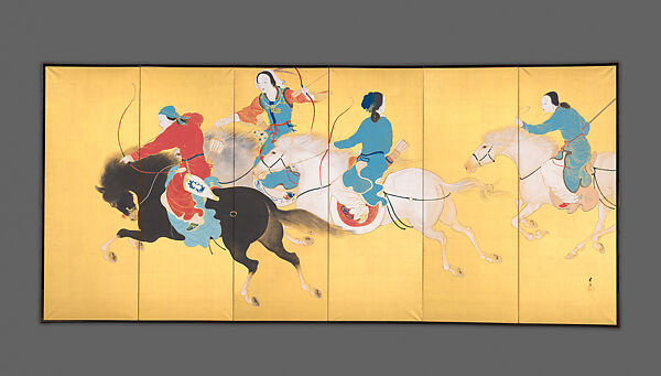 Mongolian Women Horse Riders, Hikida (Hikita) Hōshō 疋田芳沼 (Japanese, 1878–1934), Pair of six-panel screens; ink and color on paper, Japan 