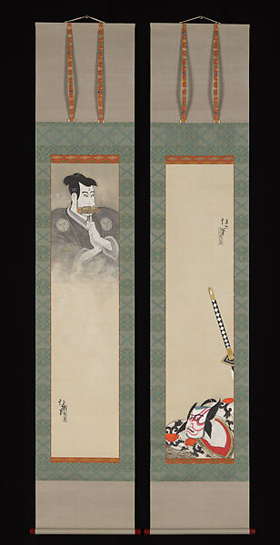 Ichikawa Danjūrō as Arajishi Otokonosuke and Matsumoto Kōshirō as Nikki Danjō, in a performance of Meiboku Sendai Hagi, Kitano Tsunetomi 北野恒富 (Japanese, 1880–1947), Pair of hanging scrolls; ink, color, gold, silver, and mica on silk, Japan 