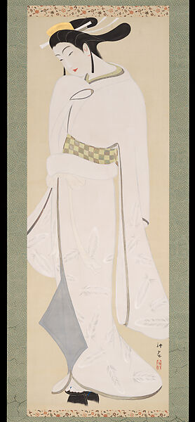 The Heron Maiden, Yamamura Kōka 山村耕花 (Japanese, 1886–1942), Hanging scroll; ink, color, silver, gold, and mica on silk, Japan 