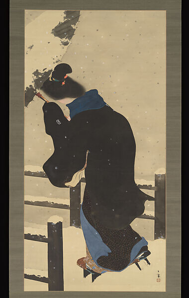 A Snowy Day, Takeuchi Meihō 竹内鳴鳳 (Japanese, 1888–1945), Hanging scroll; ink and color on silk, Japan 