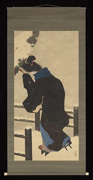 A Snowy Day, Takeuchi Meihō 竹内鳴鳳 (Japanese, 1888–1945), Hanging scroll; ink and color on silk, Japan