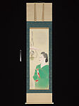Woman with an Oil Lamp (Ranpu) 立石春美筆　「ランプ」, Tateishi Harumi (Haruyoshi) 立石春美 (Japanese, 1908–1994), Hanging scroll, ink, color, gold and gold leaf on silk, Japan