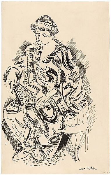 Madame Matisse with Her Fan (Madame Matisse à l’éventail), Henri Matisse (French, Le Cateau-Cambrésis 1869–1954 Nice), Pen and black ink over graphite on cream wove paper 