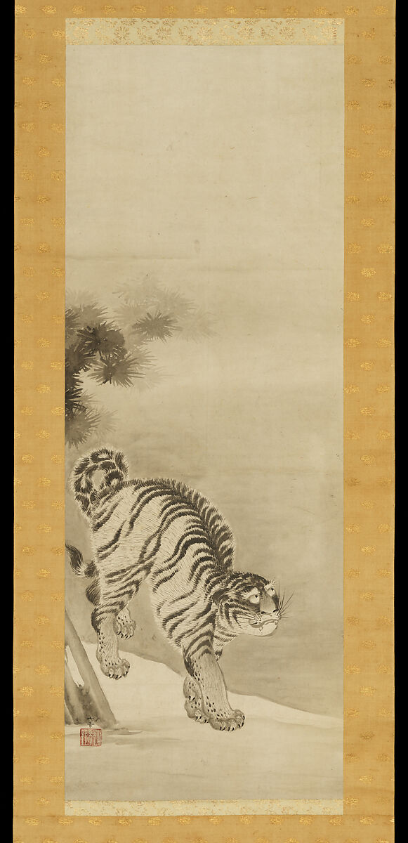 Shakyamuni Emerging from the Mountains, with Dragon and Tiger, Kano Sansetsu (Japanese, 1590–1651), Triptych of hanging scrolls; ink on paper, Japan