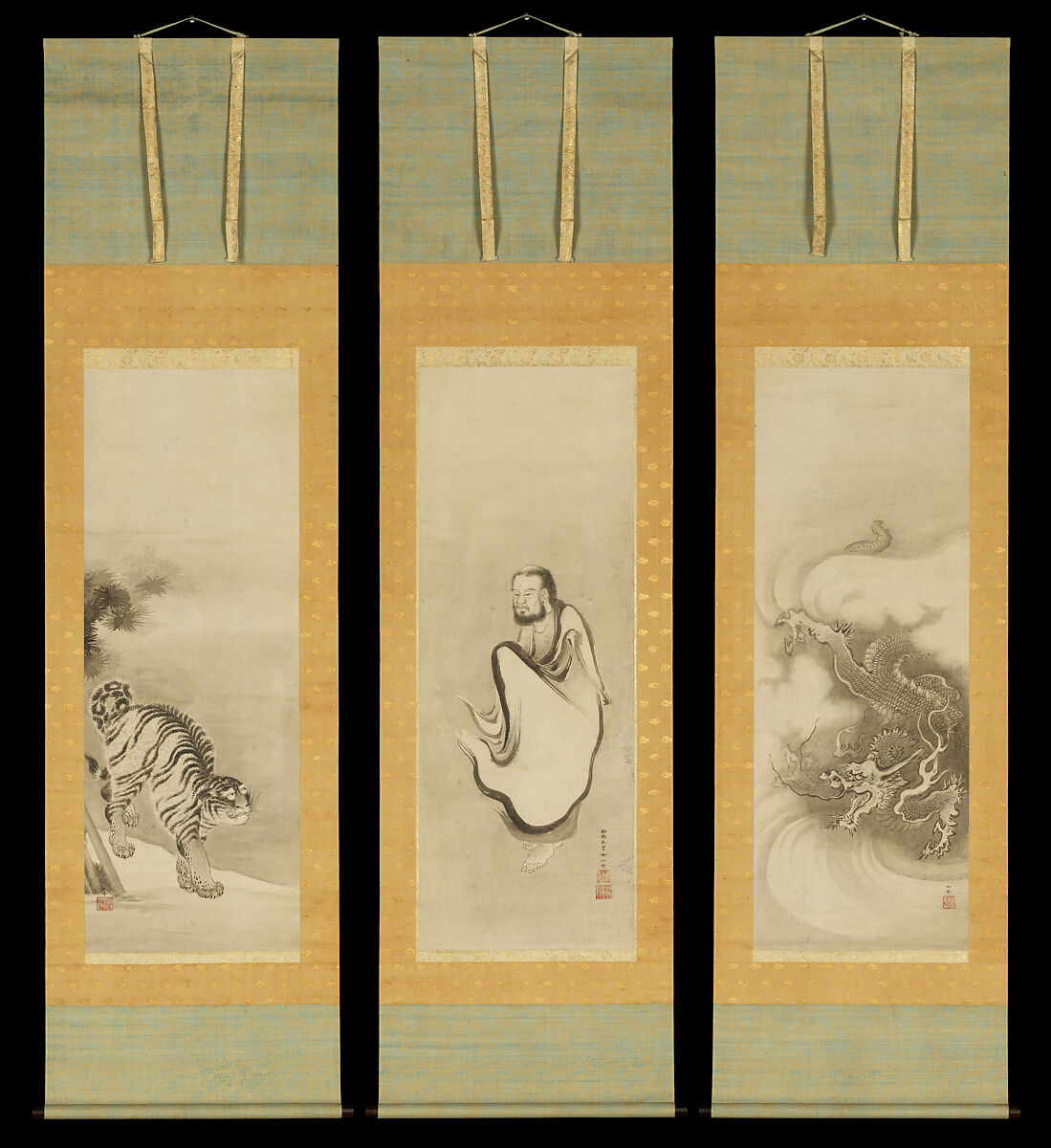 Shakyamuni Emerging from the Mountains, with Dragon and Tiger, Kano Sansetsu  Japanese, Triptych of hanging scrolls; ink on paper, Japan