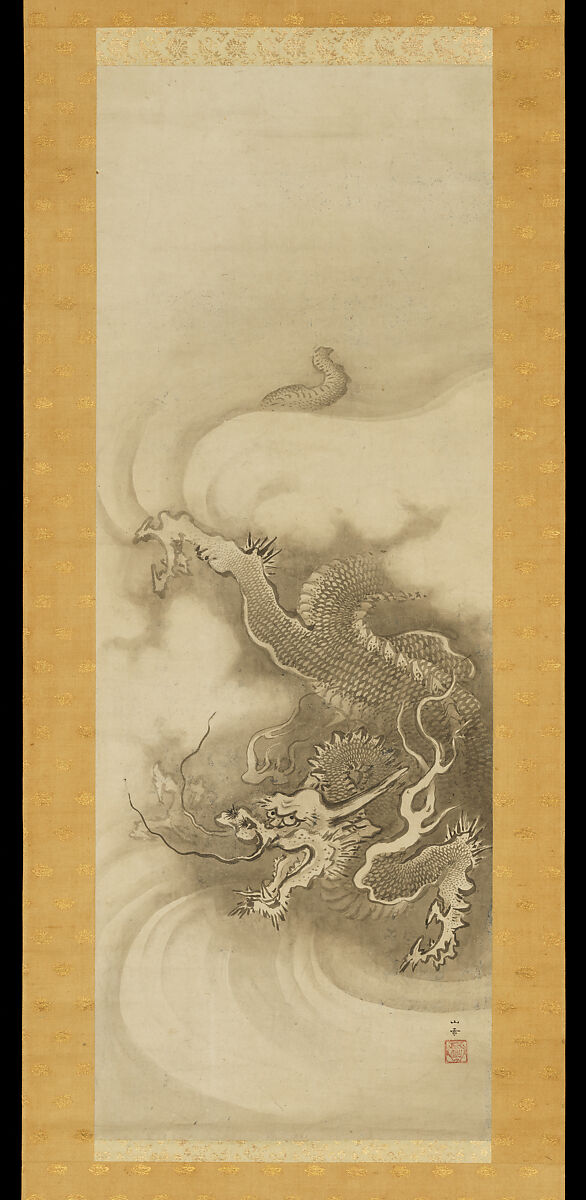 Shakyamuni Emerging from the Mountains, with Dragon and Tiger, Kano Sansetsu (Japanese, 1590–1651), Triptych of hanging scrolls; ink on paper, Japan