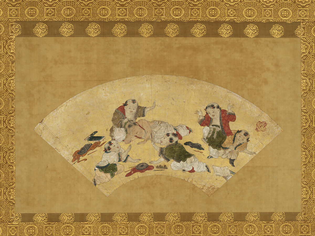 Chinese Boys at Play, Studio of Kano Motonobu 狩野元信 (Japanese, 1477–1559), Folding fan mounted as a hanging scroll; ink, color, gold, and mica on paper, Japan 