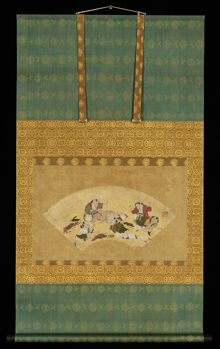 Chinese Boys at Play, Studio of Kano Motonobu 狩野元信 (Japanese, 1477–1559), Folding fan mounted as a hanging scroll; ink, color, gold, and mica on paper, Japan