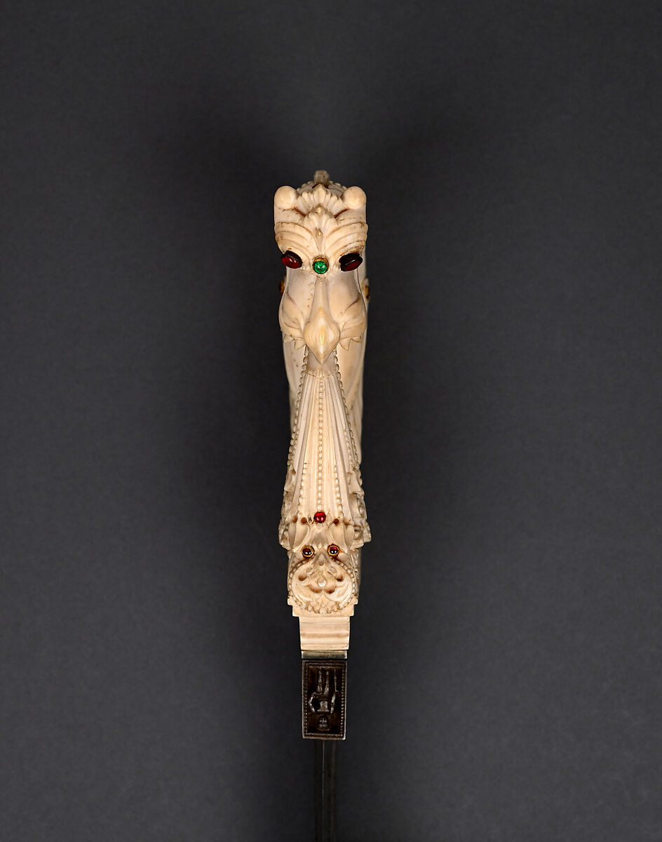 Dagger with Yali Hilt, Hilt: Ivory; carved and inlaid with glass, ruby, spinel, and emerald
Blade: Steel