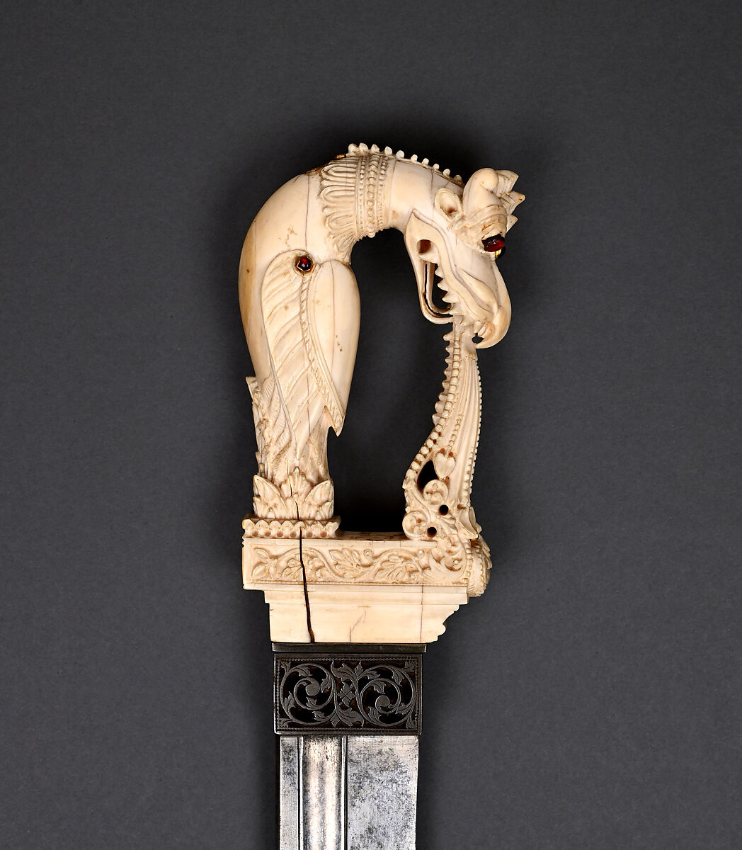 Dagger with Yali Hilt, Hilt: Ivory; carved and inlaid with glass, ruby, spinel, and emerald
Blade: Steel