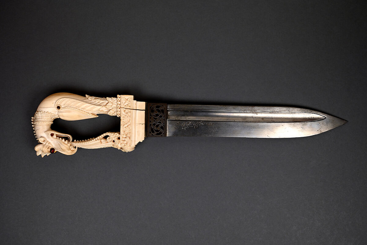 Dagger with Yali Hilt, Hilt: Ivory; carved and inlaid with glass, ruby, spinel, and emerald
Blade: Steel