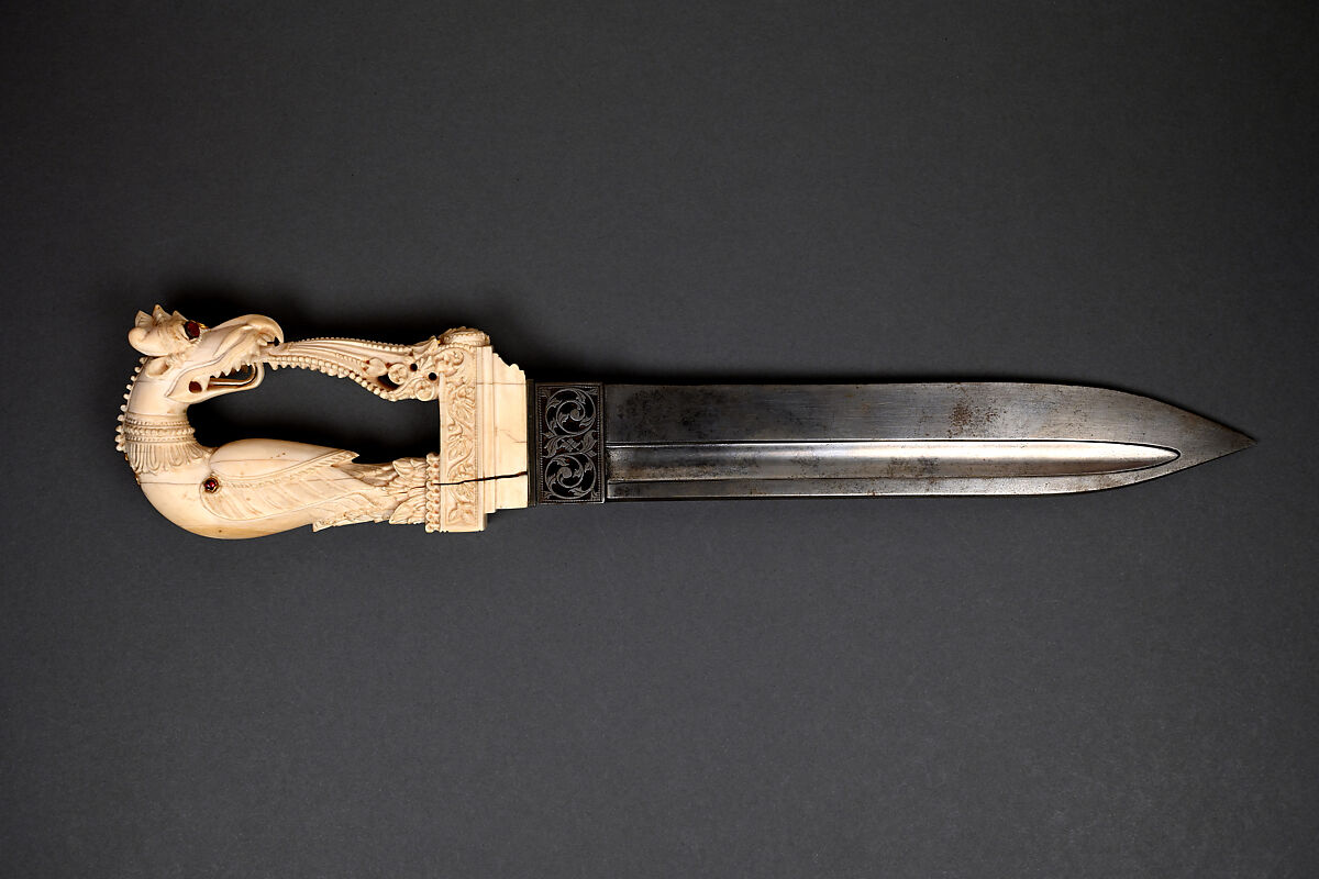 Dagger with Yali Hilt, Hilt: Ivory; carved and inlaid with glass, ruby, spinel, and emerald
Blade: Steel