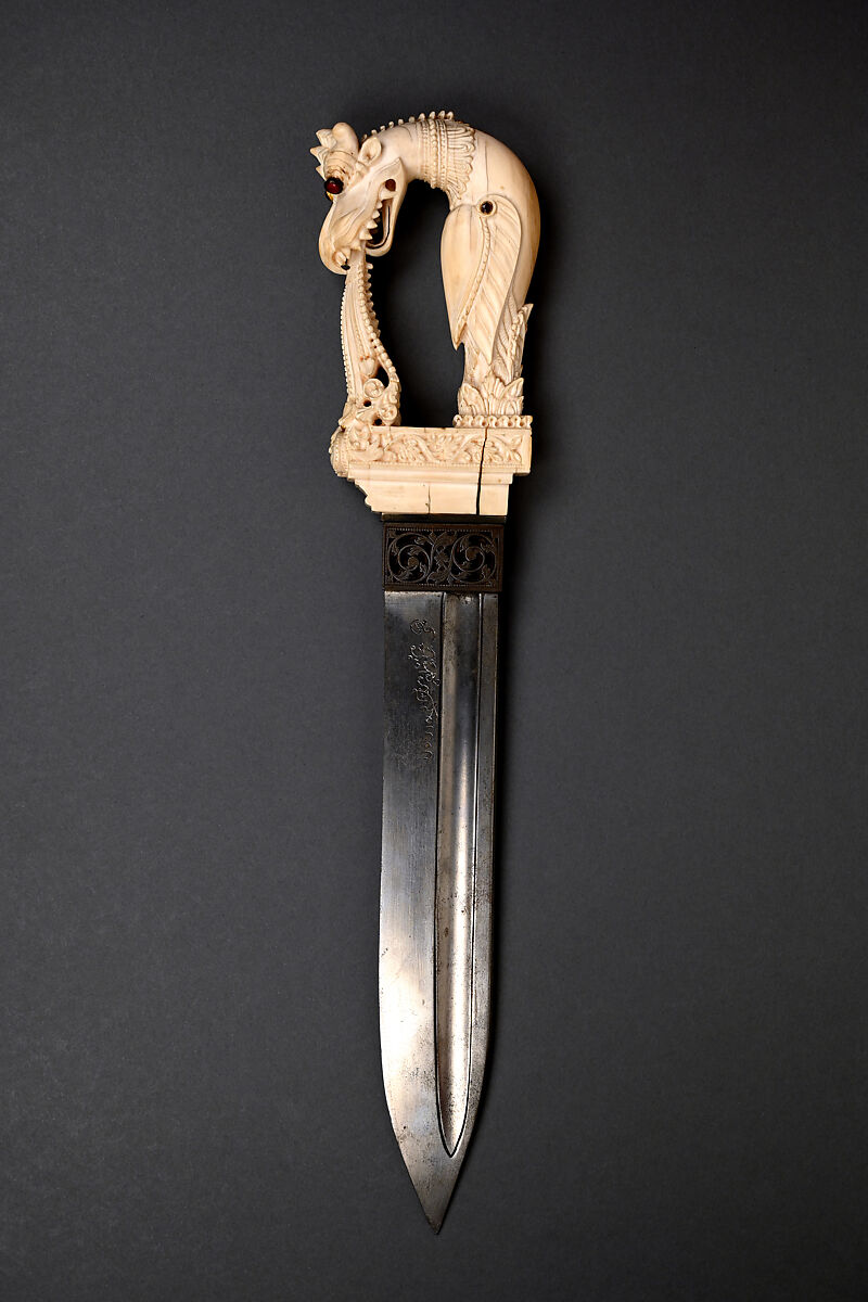 Dagger with Yali Hilt, Hilt: Ivory; carved and inlaid with glass, ruby, spinel, and emerald
Blade: Steel 