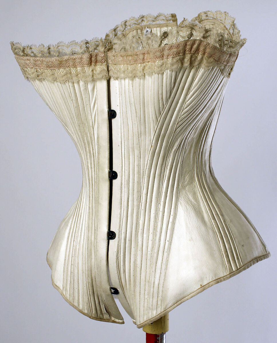 Corset, La Sirene (French), a,b) leather, metal, cotton, silk, French