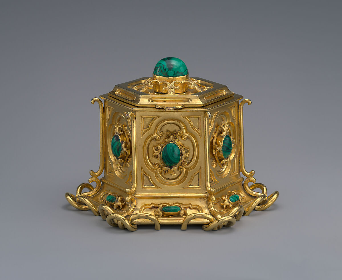 Inkwell (part of a set), Asprey (British, founded 1781), Gilt bronze, malachite, British, London 