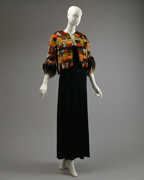 Evening jacket, Halston (American, Des Moines, Iowa 1932–1990 San Francisco, California), feathers, silk, velvet, American 