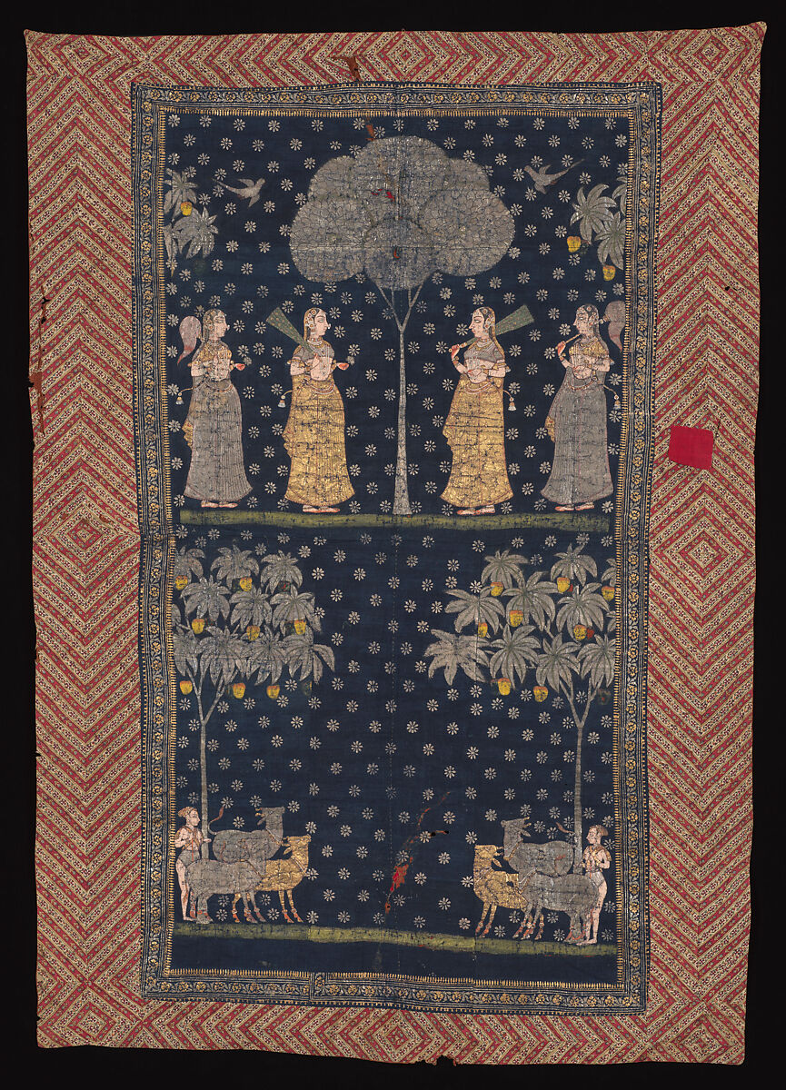 Temple cloth celebrating Krishna (pichhavai), Painted pigments (kalamkari) and glued gold on cotton, India, Deccan 