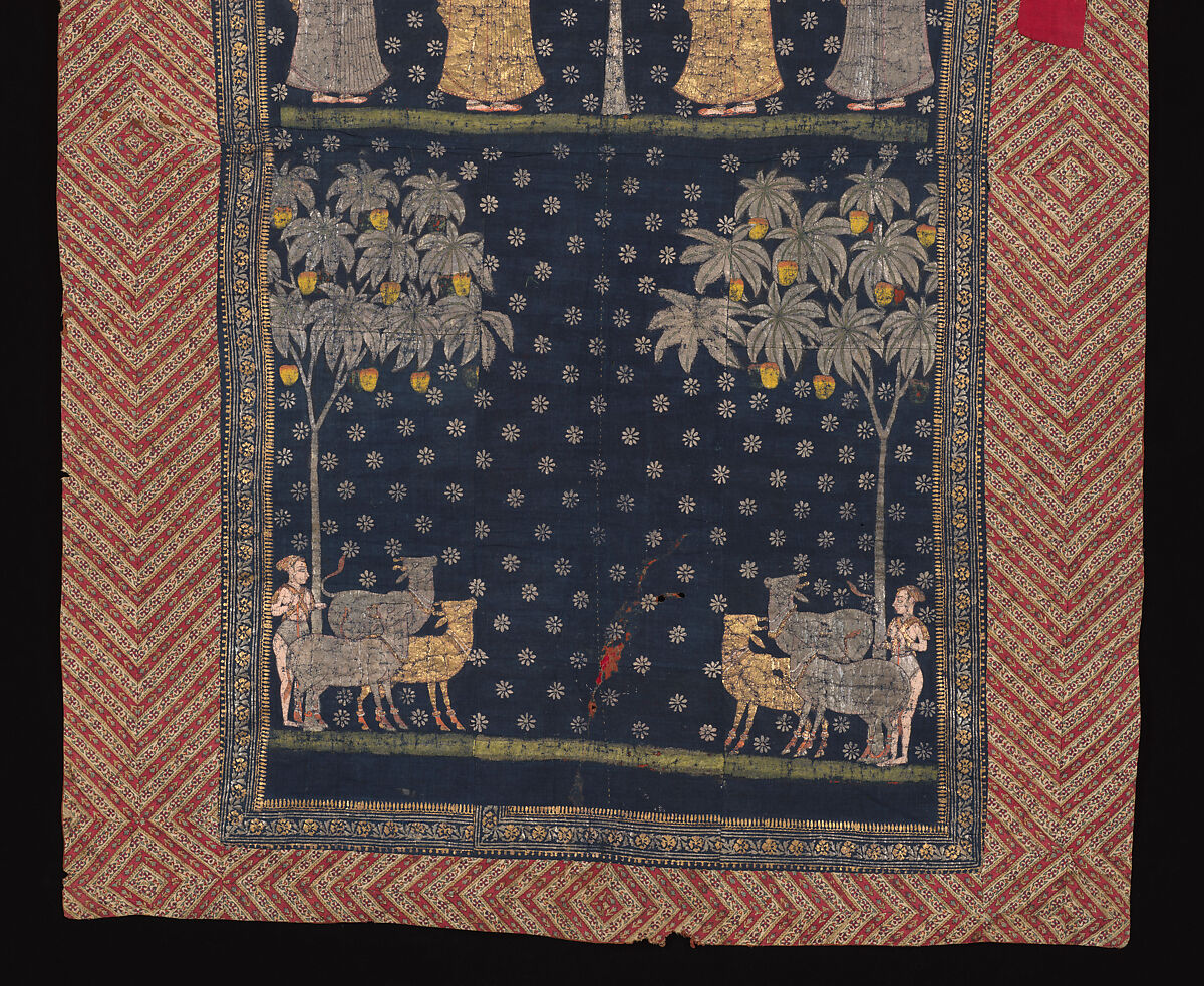 Temple cloth celebrating Krishna (pichhavai), Painted pigments (kalamkari) and glued gold on cotton, India, Deccan