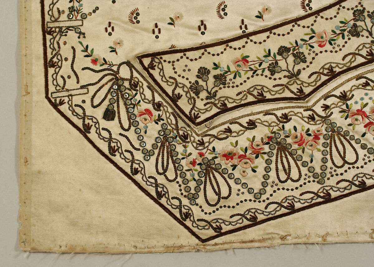 Waistcoat panels, Silk satin embroidered with silk, metal thread and sequins, probably French