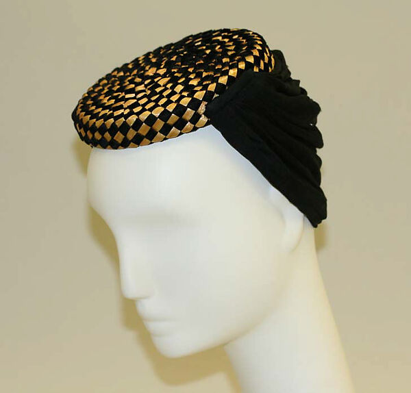 Hat, Saks Fifth Avenue (American, founded 1924), a) raffia, silk
b) veil, American 
