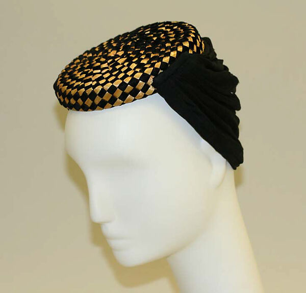 Hat, Saks Fifth Avenue (American, founded 1924), a) raffia, silk
b) veil, American 