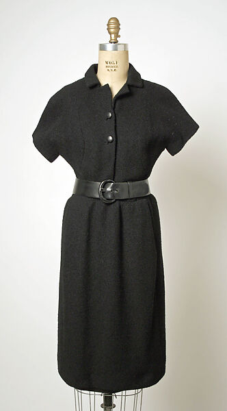 Dress, Attributed to House of Balenciaga (French, founded 1937), Wool, silk, leather, probably French 