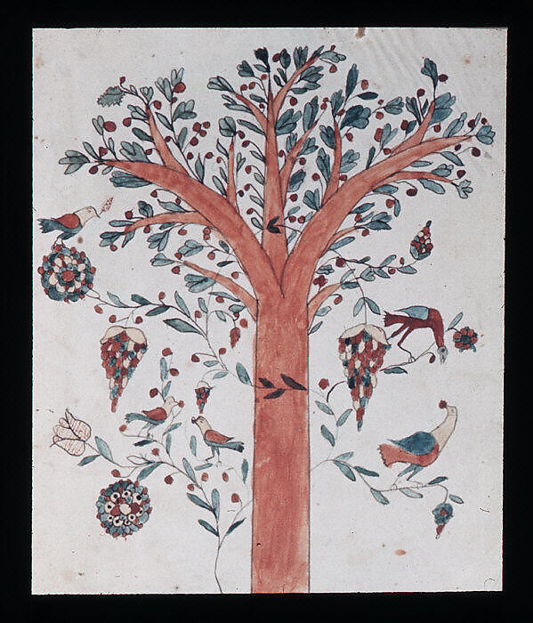 Drawing of Tree with Birds and Fruit, Watercolor on paper, American 