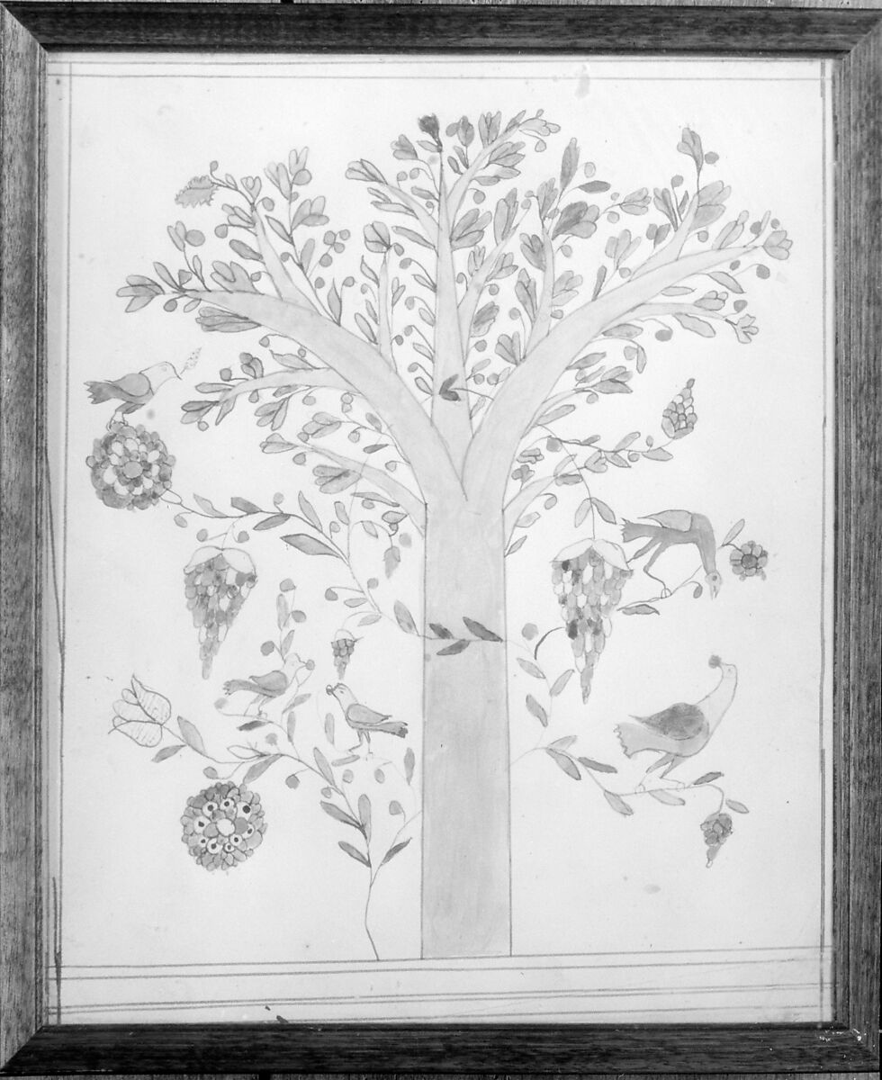 Drawing of Tree with Birds and Fruit, Watercolor on paper, American